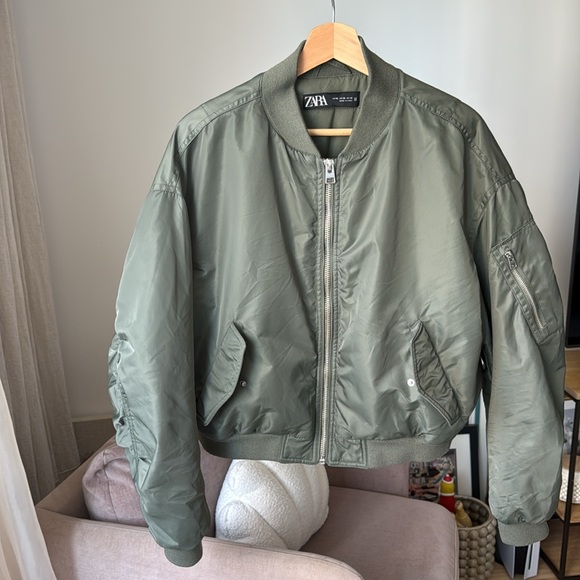 Zara Khaki Green Bomber Jacket Size XL - Picture 4 of 10
